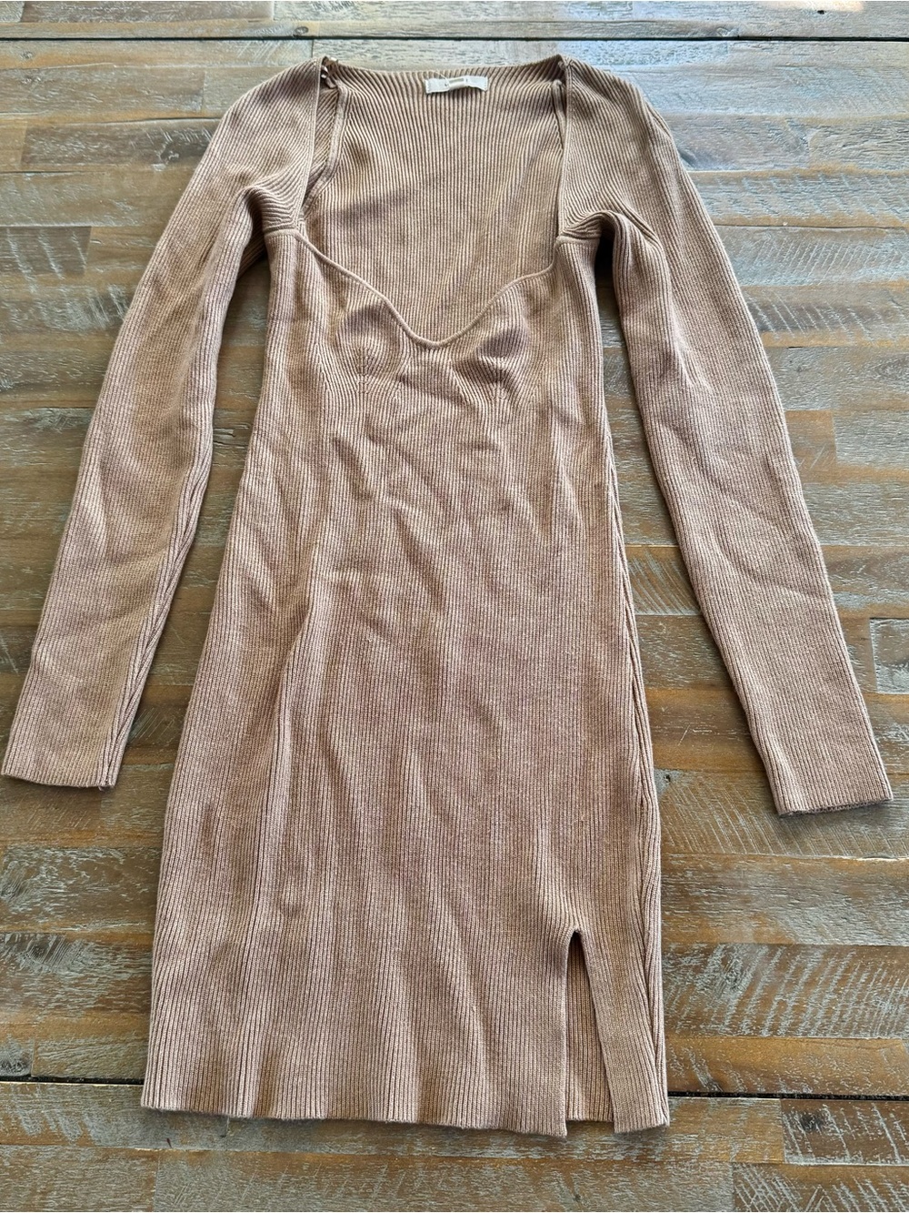 Ribbed Long-Sleeve V-Neck Bodycon Dress in Taupe
